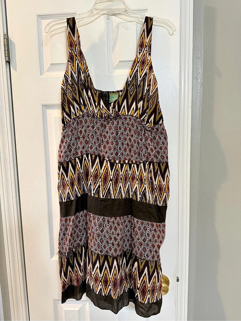Urban Nomad Geometric Cotton Mini Dress in Brown & Yellow Size Small